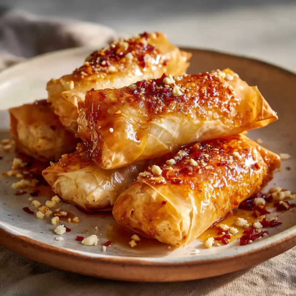 Golden baked feta rolls with chili glaze and nut topping