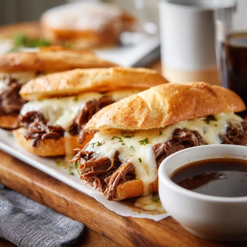 Shredded beef sandwich with melted cheese and dipping sauce on wooden board