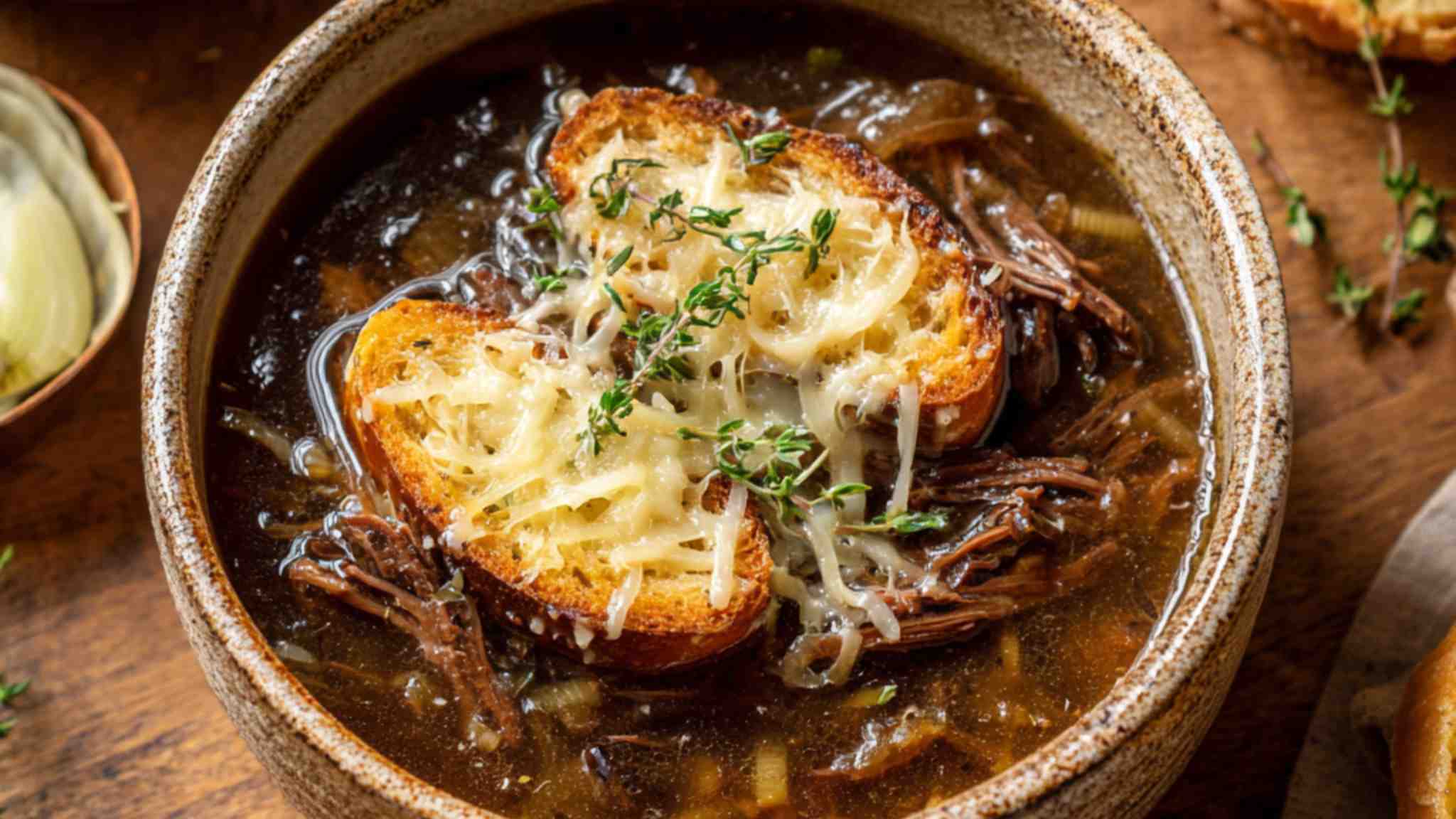 French onion beef short rib soup topped with melted cheese and toasted baguette slices