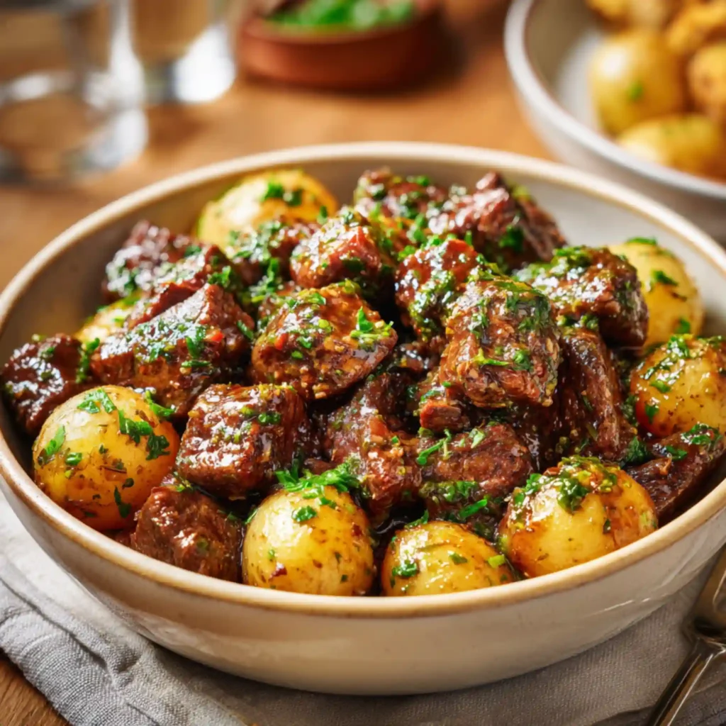 Braised beef cubes with herb butter potatoes in savory glaze