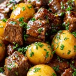 Garlic butter beef bites with baby potatoes and fresh parsley in rich brown sauce