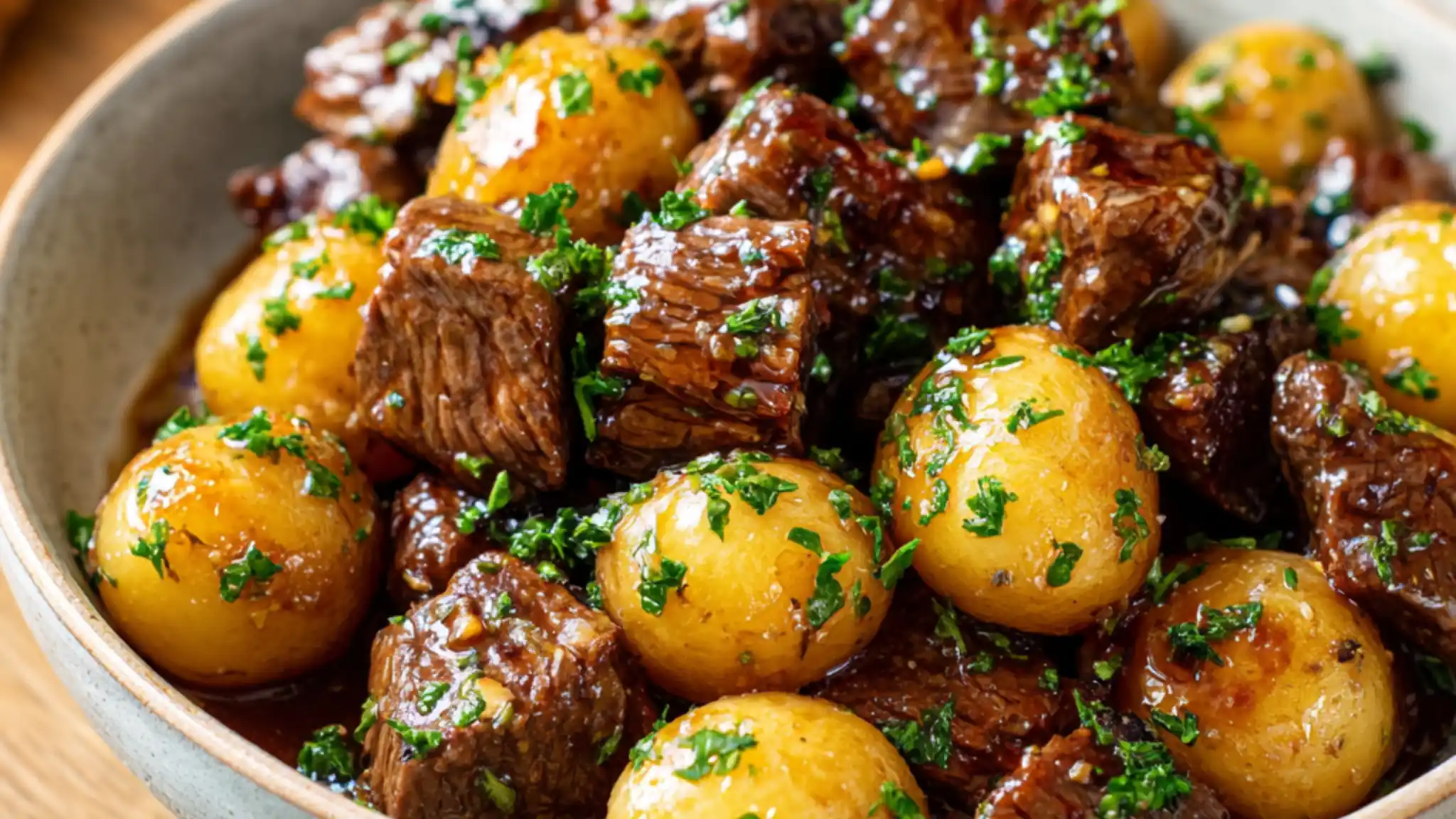Garlic butter beef bites with baby potatoes and fresh parsley in rich brown sauce
