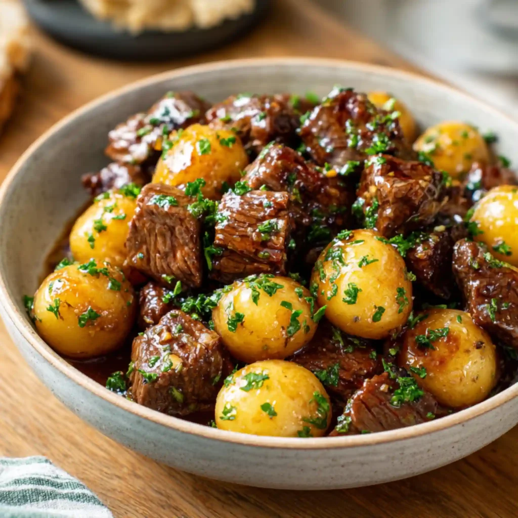 Slow cooker beef bites and baby potatoes coated in garlic butter sauce