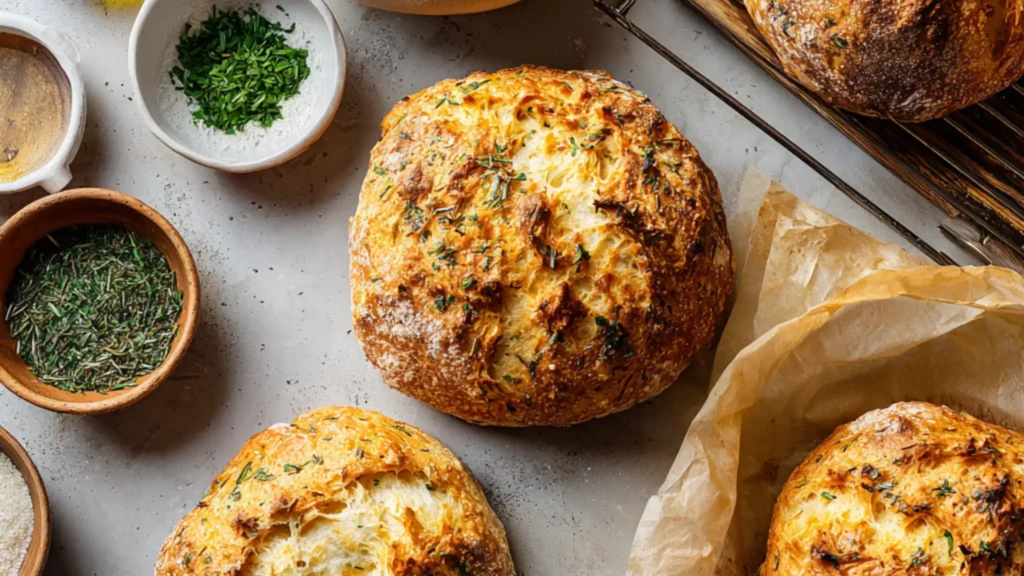 Rustic garlic herb bread baked in a Dutch oven with a golden crust
