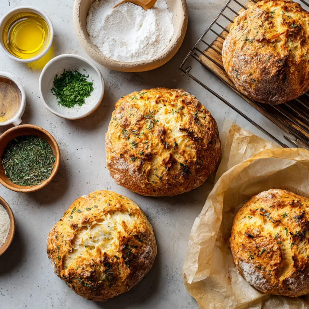 Round loaf of garlic herb bread with a crisp crust and rustic finish
