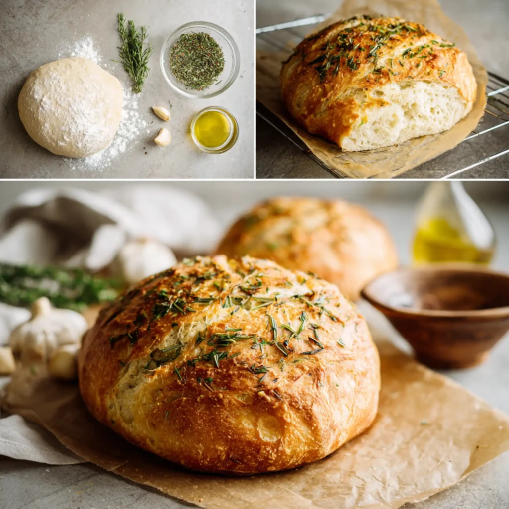 Garlic herb bread loaf cooling on parchment with a crusty exterior