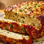 Garlic Parmesan chicken meatloaf sliced thick with golden crust and fresh parsley