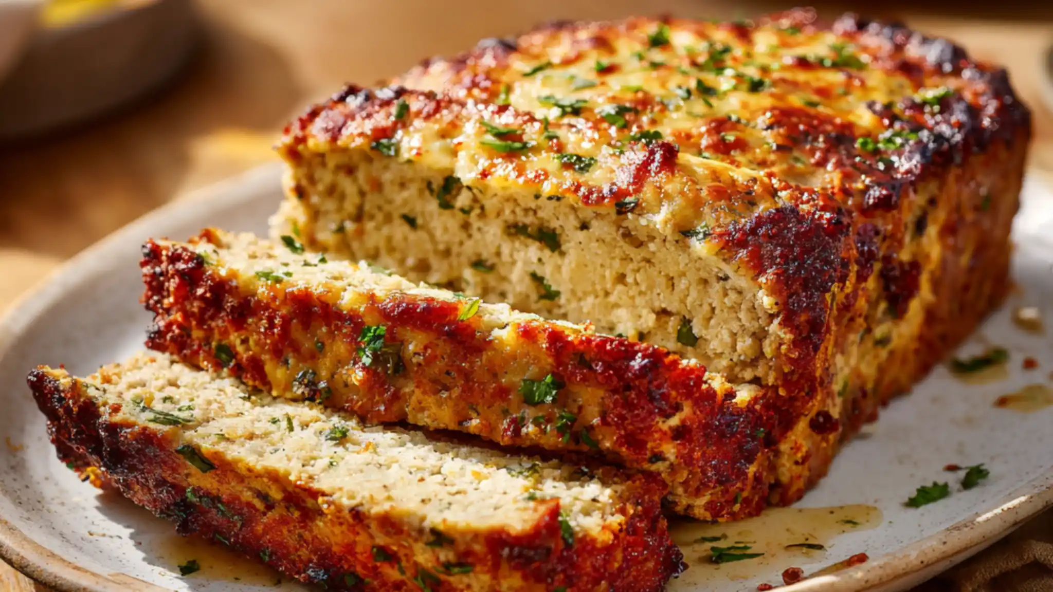 Garlic Parmesan chicken meatloaf sliced thick with golden crust and fresh parsley