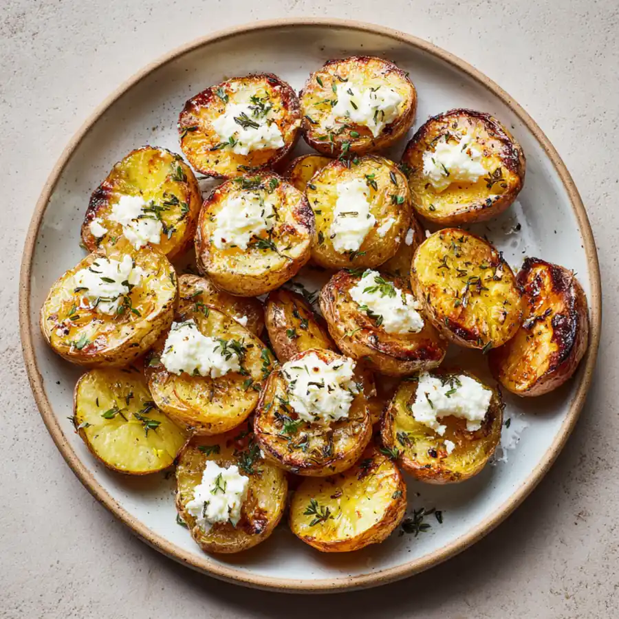 Crispy roasted potato halves with feta and herbs