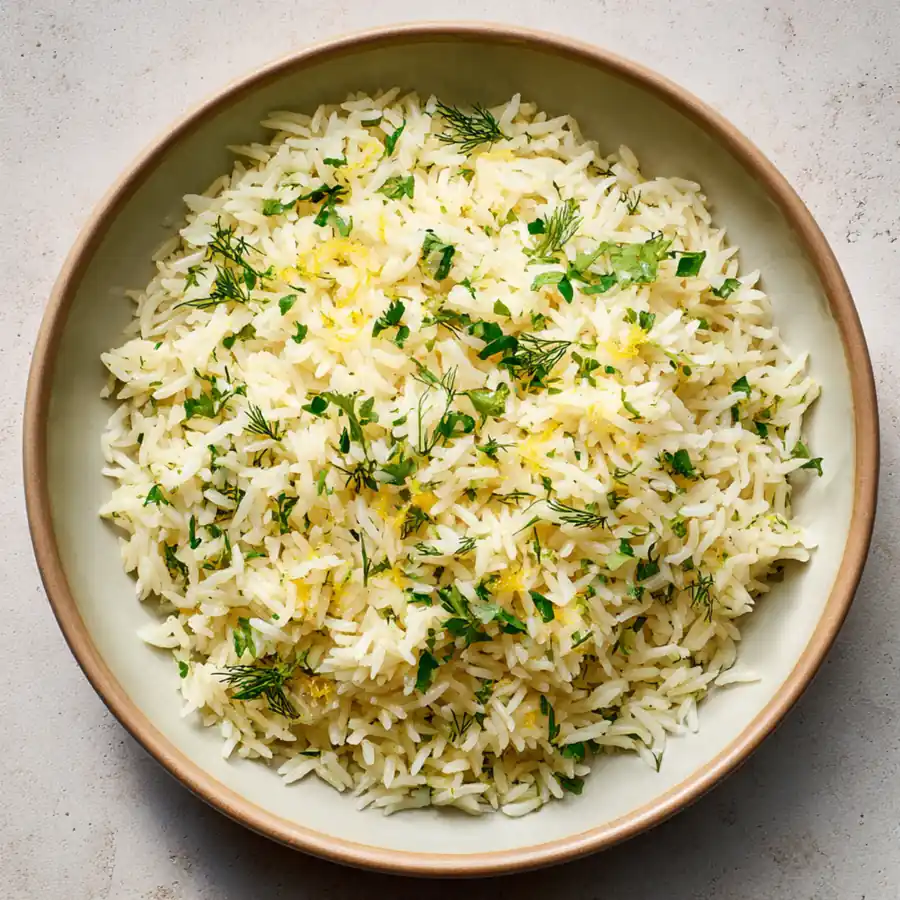 Lemon rice with dill and parsley in a shallow bowl