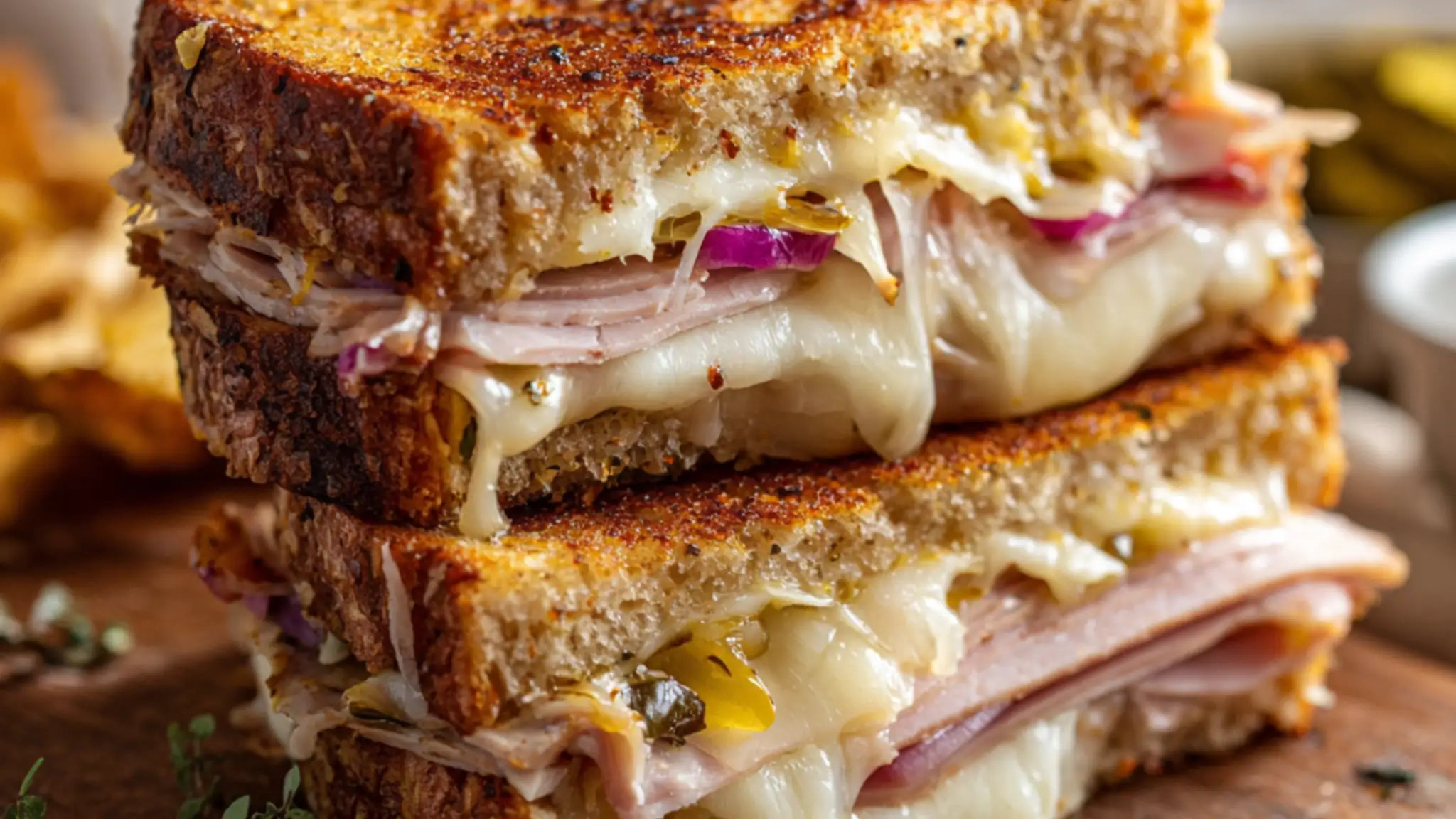 Grinder grilled cheese sandwich with melted mozzarella, sliced turkey, and roast beef on toasted sourdough