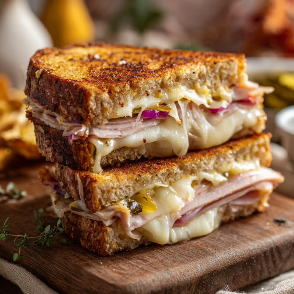 Stacked grilled cheese sandwich with turkey, roast beef, and gooey melted cheese