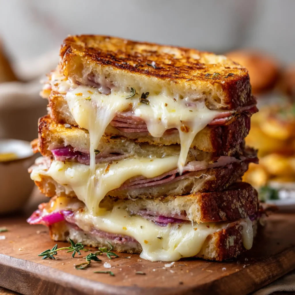 Grinder-style grilled cheese with turkey, roast beef, and melted mozzarella stretching between toasted bread