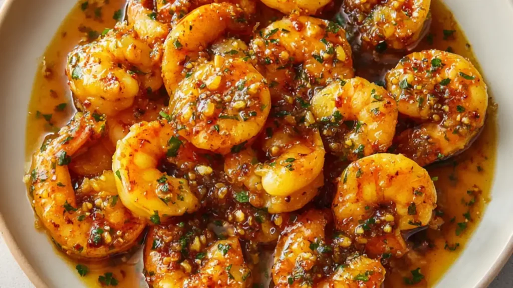 Shrimp cooked in a sweet garlic sauce with visible seasoning and herbs