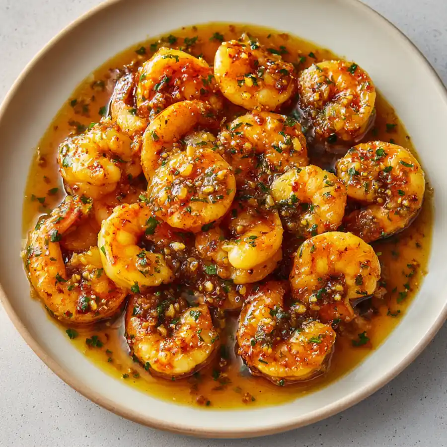 Honey garlic shrimp cooked in a glossy sauce with herbs and spices