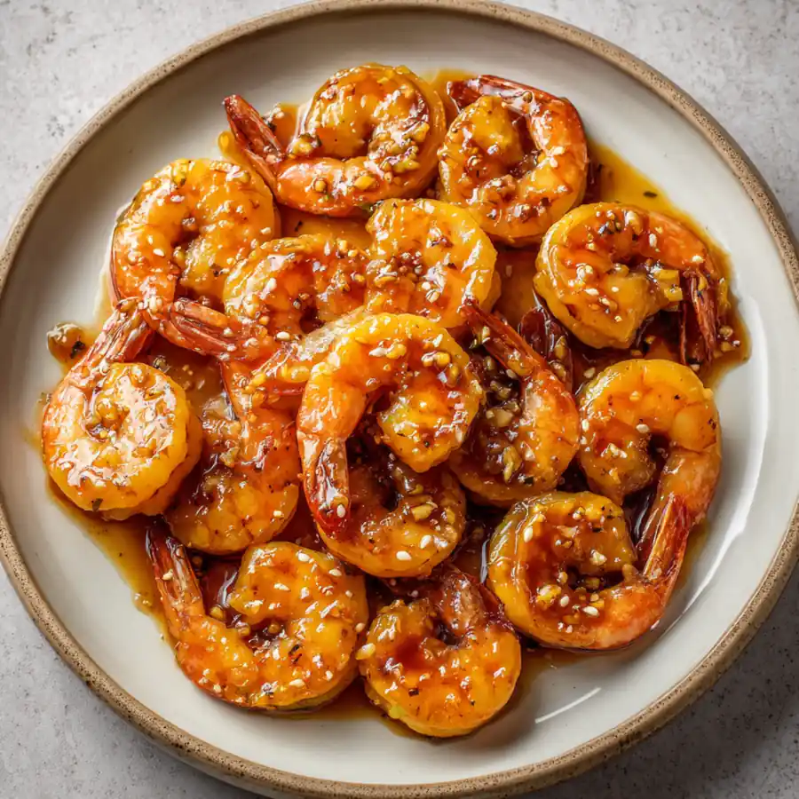 Shrimp cooked in honey garlic sauce and served warm