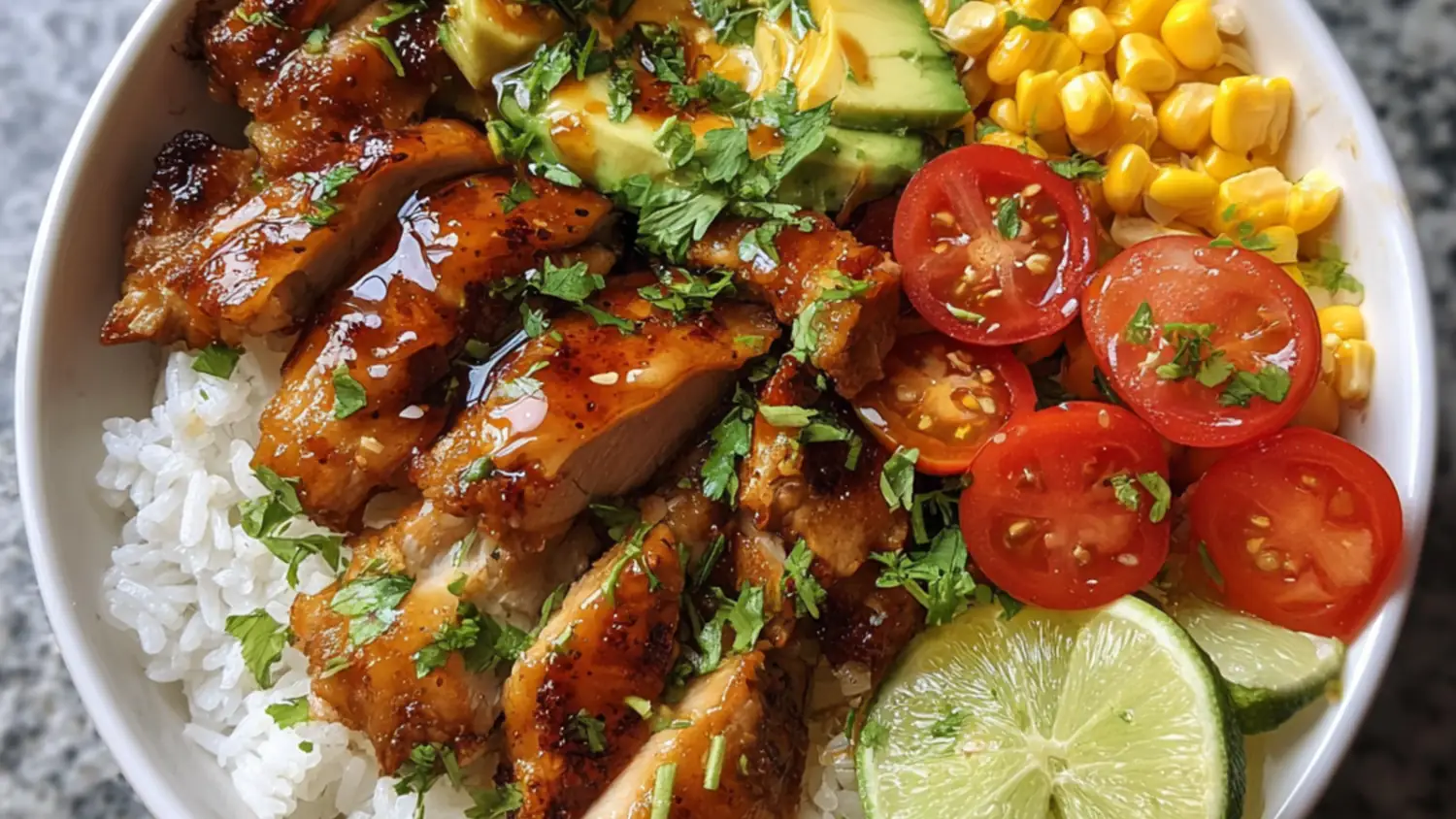 Honey lime chicken rice bowl with avocado, corn, cherry tomatoes, and lime