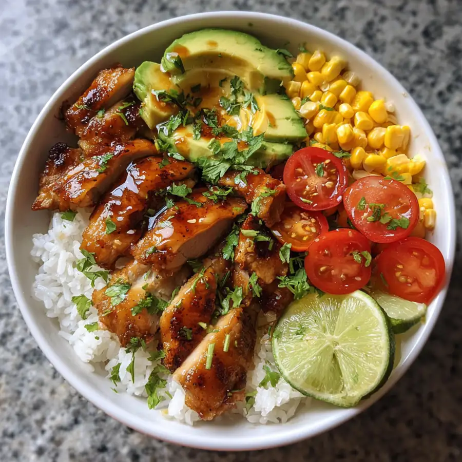 Glazed honey lime chicken pieces over rice with avocado and vegetables