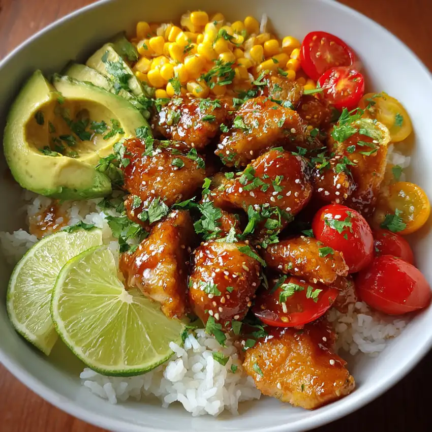 Sweet honey lime chicken over rice with corn, tomatoes, avocado, and lime