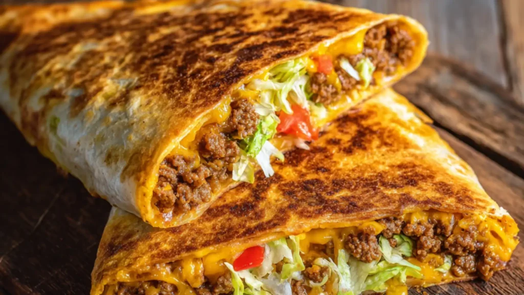 Keto crunchwrap supreme filled with seasoned ground beef, melted cheese, lettuce, and tomatoes in a crispy tortilla