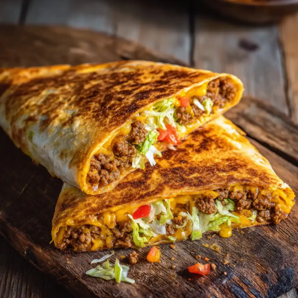 Sliced keto crunchwrap supreme showing layers of beef, cheese, lettuce, and tomatoes