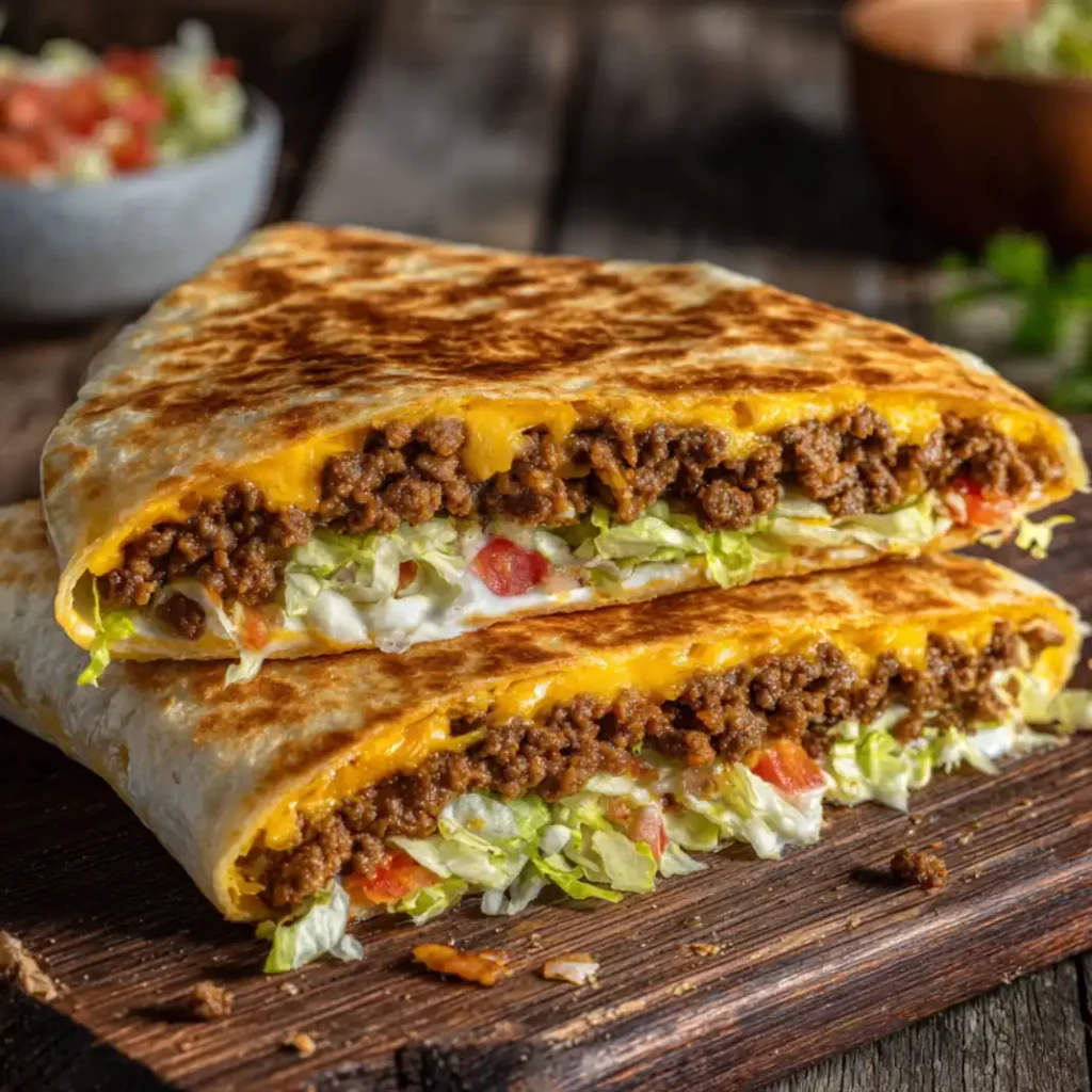 Stacked keto crunchwrap supreme cut in half on a wooden board