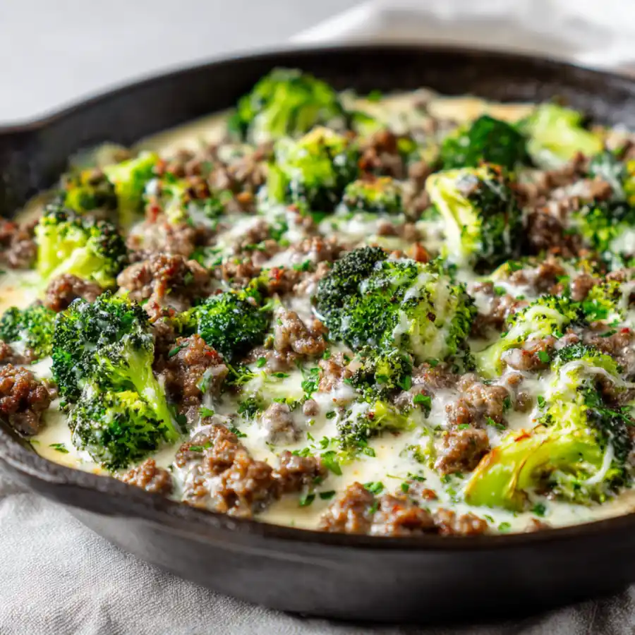 Creamy keto beef and broccoli skillet cooked in one pan