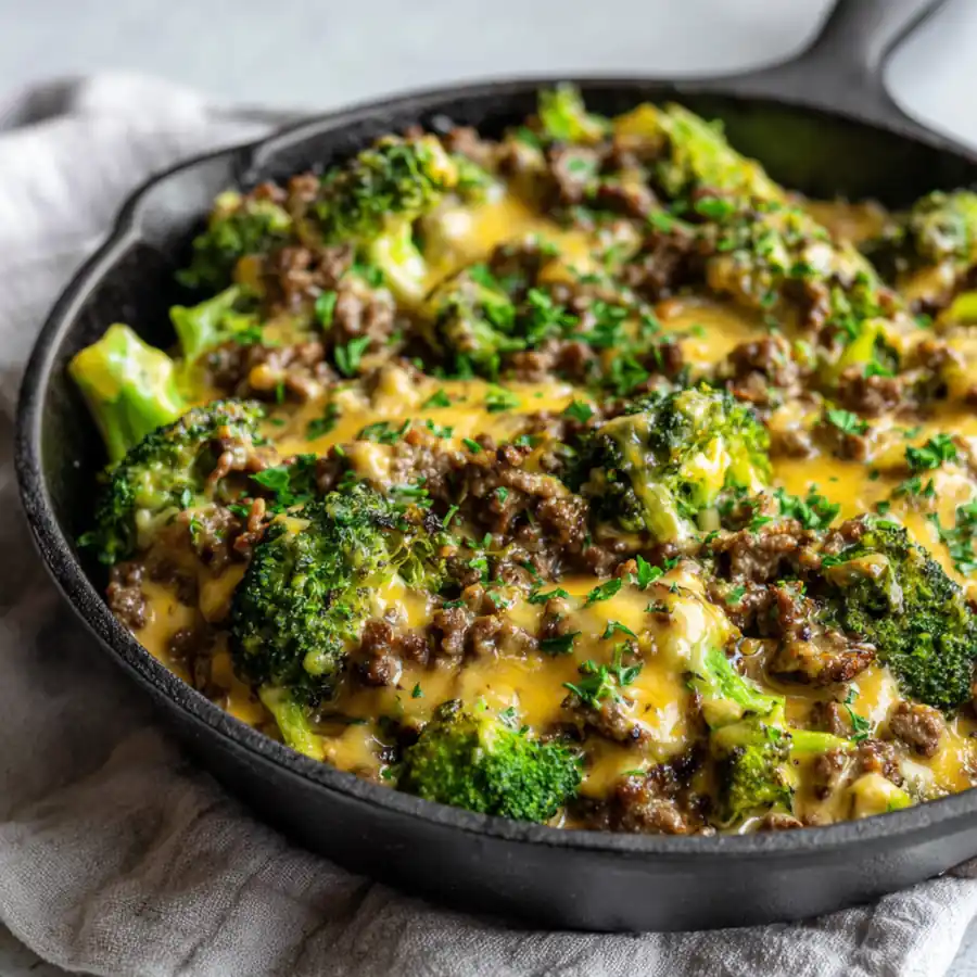 Cheesy hamburger and broccoli skillet cooked in one pan