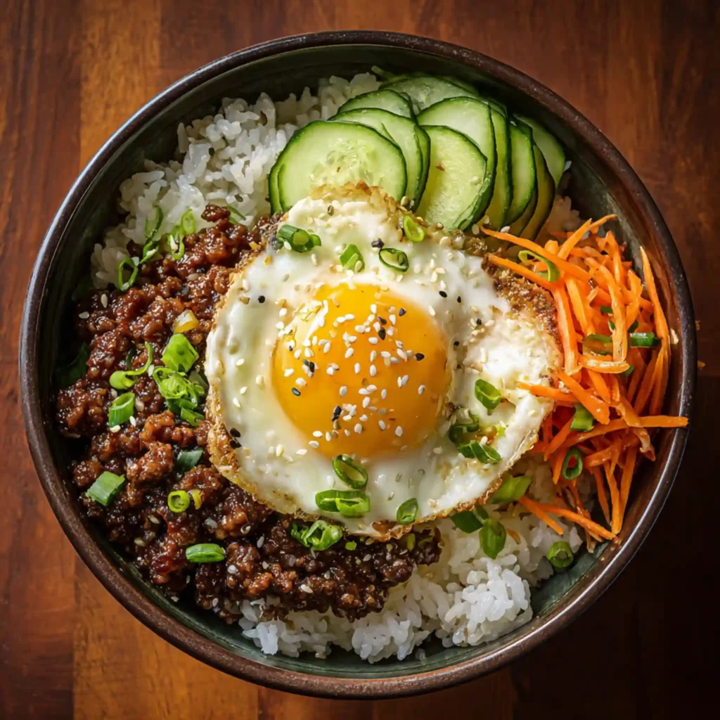 Korean beef rice bowl topped with fried egg, green onions, carrots, and cucumber slices