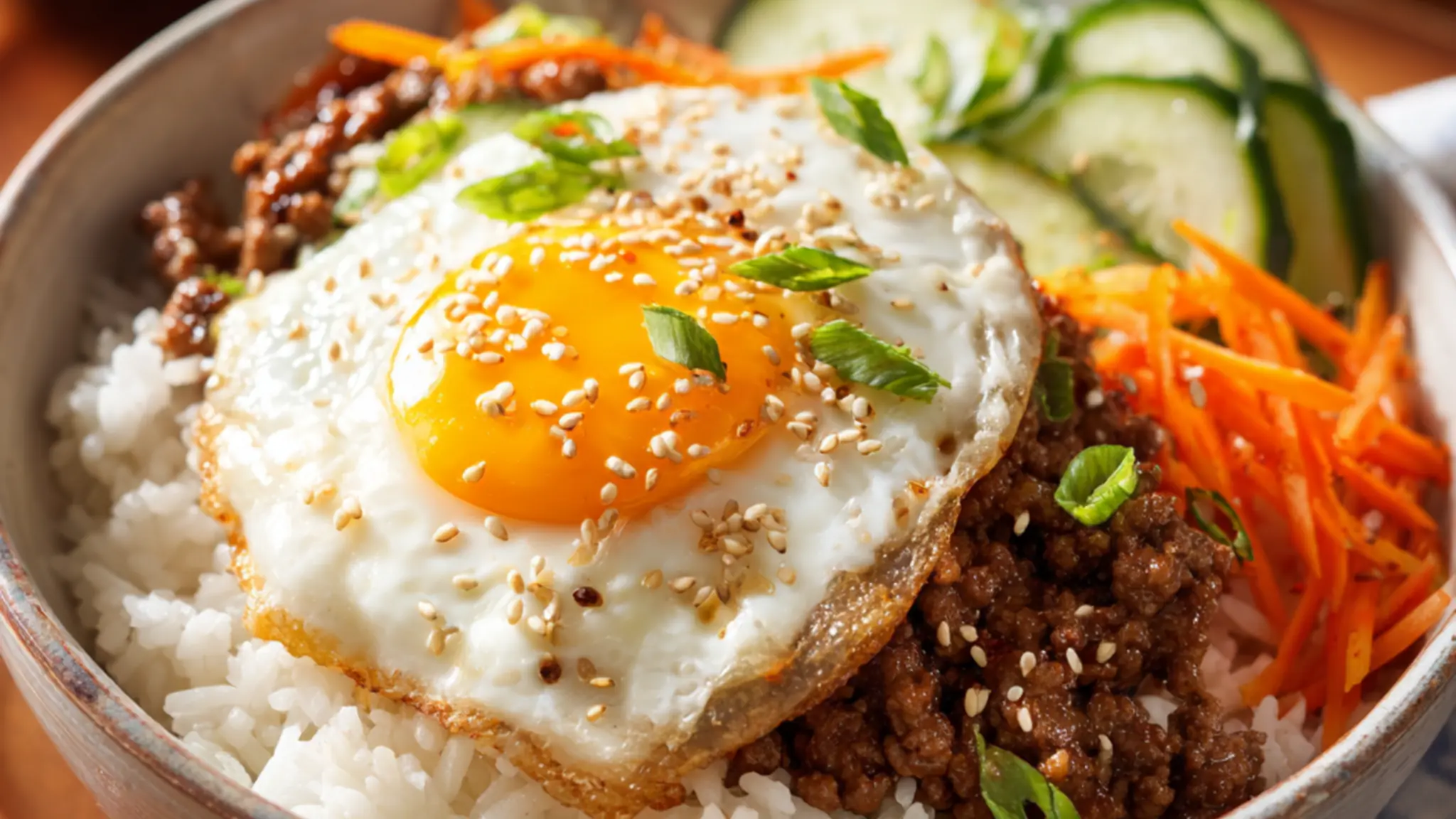 Korean ground beef bowl with jasmine rice, fried egg, sesame seeds, cucumbers, and carrots