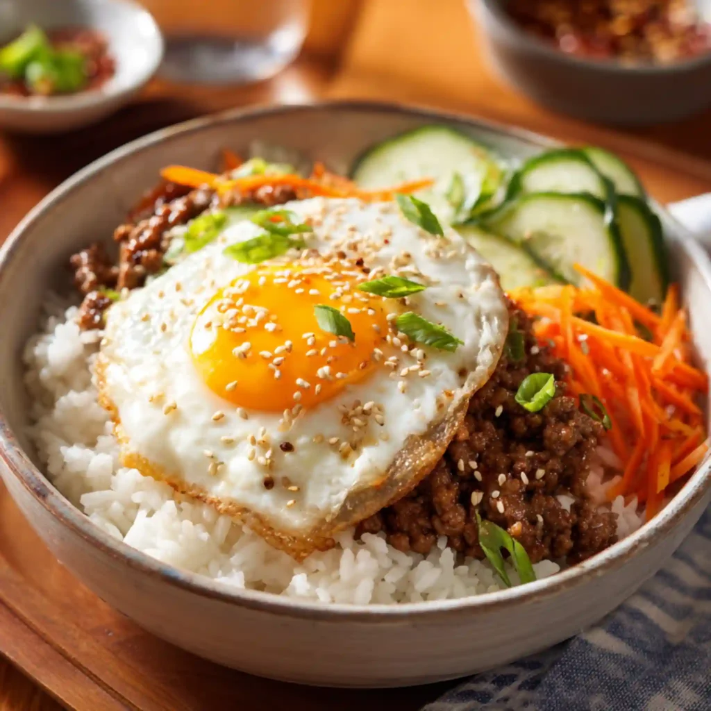 Rice bowl with seasoned Korean beef, runny egg yolk, sesame seeds, and fresh vegetables