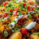 Loaded potato taco bowl with seasoned beef, roasted potatoes, melted cheddar, fresh tomatoes, and green onions