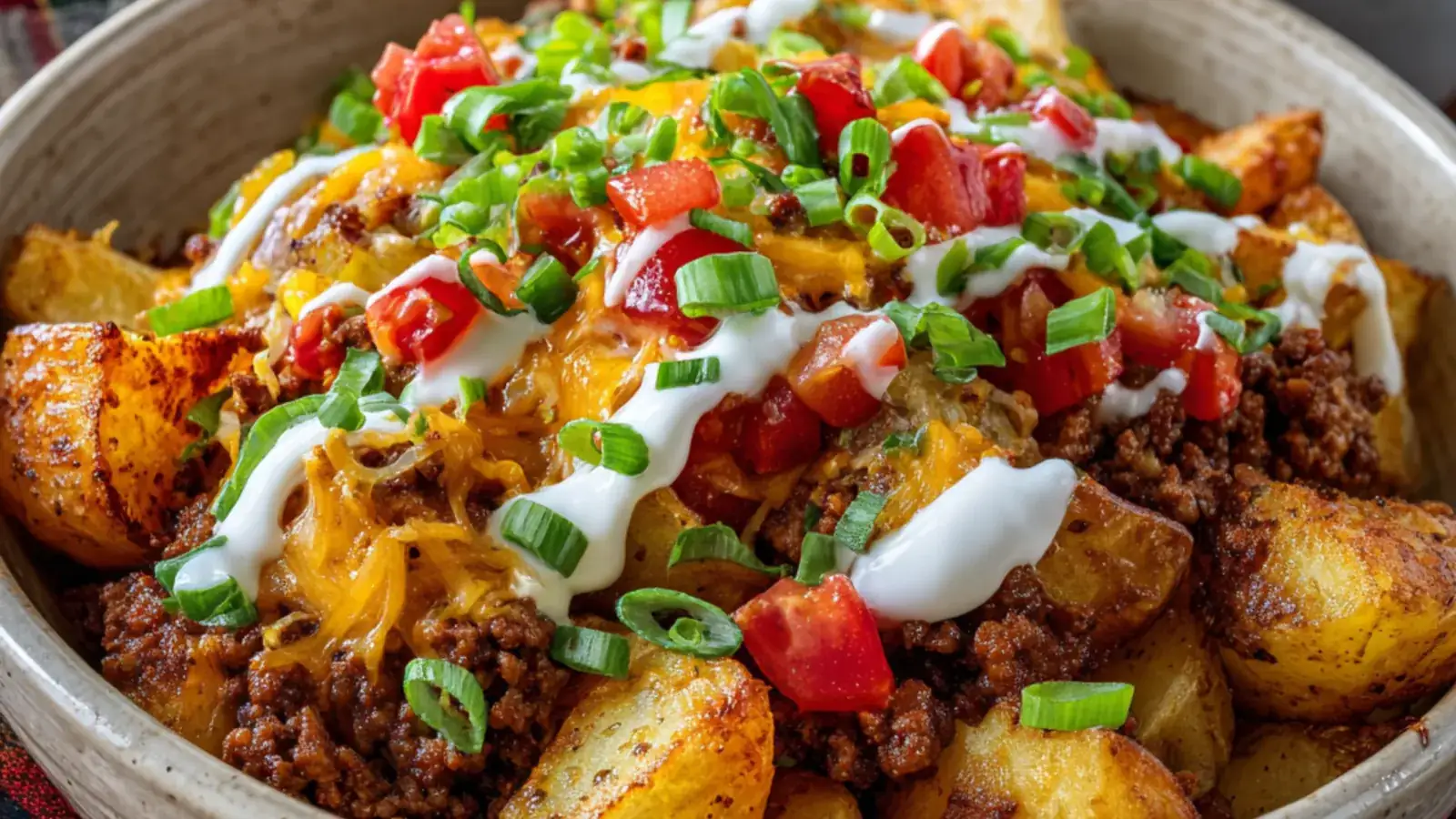 Loaded potato taco bowl with seasoned beef, roasted potatoes, melted cheddar, fresh tomatoes, and green onions
