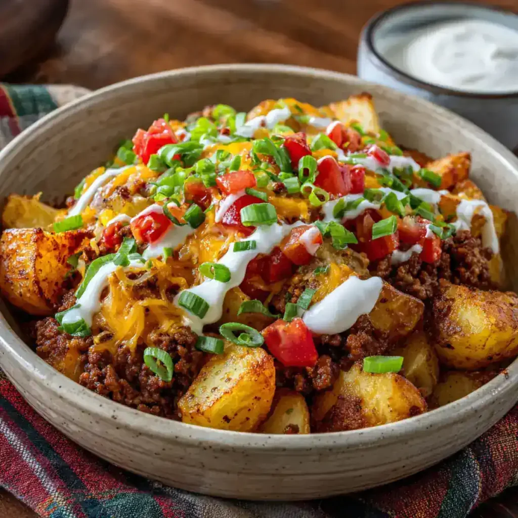 Crispy roasted potatoes topped with seasoned beef, melted cheddar, tomatoes, and green onions