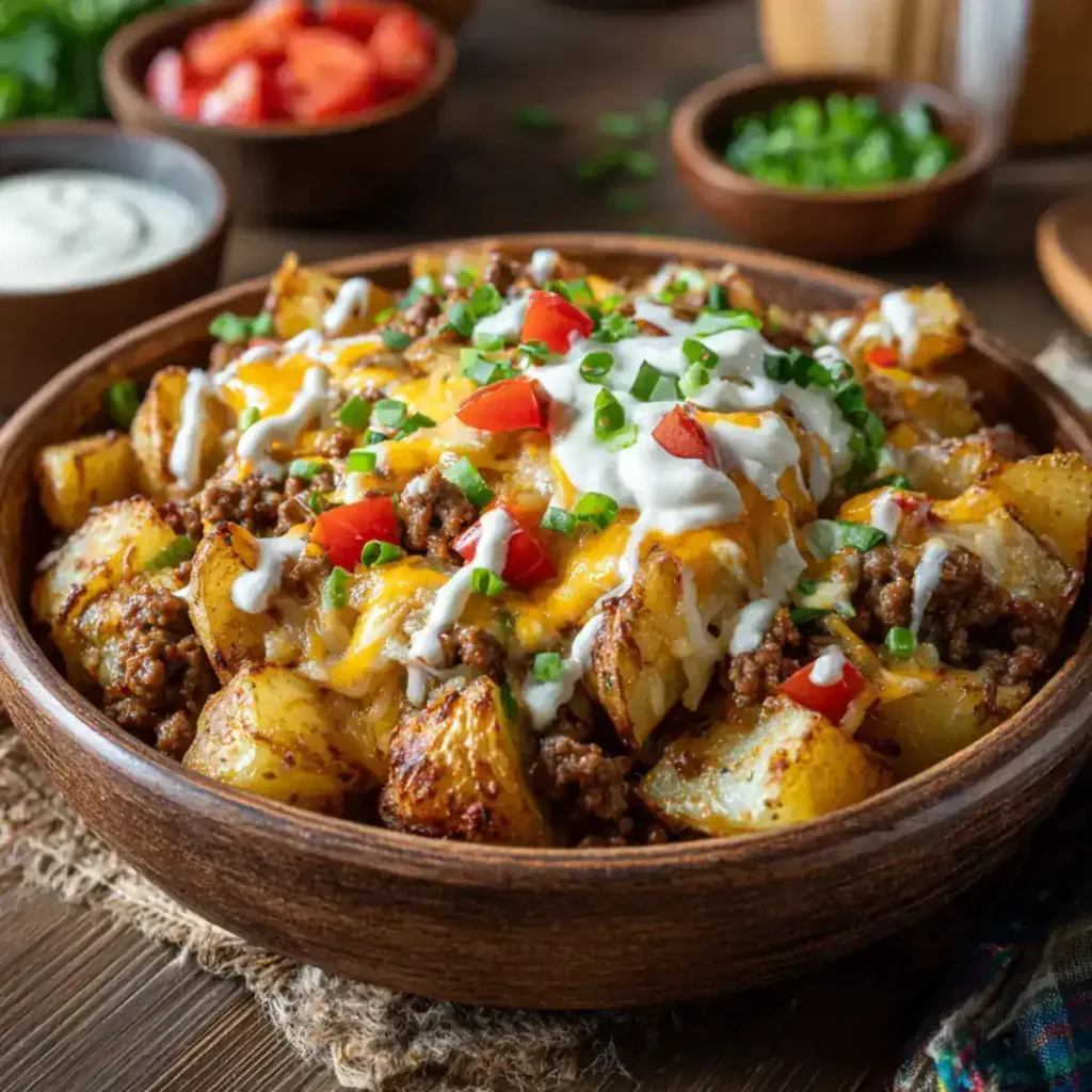 Loaded potato taco bowl with ground beef, melted cheese, sour cream, and fresh toppings