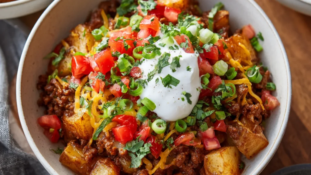 Loaded potato taco bowls with seasoned ground beef, cheese, sour cream, and fresh toppings