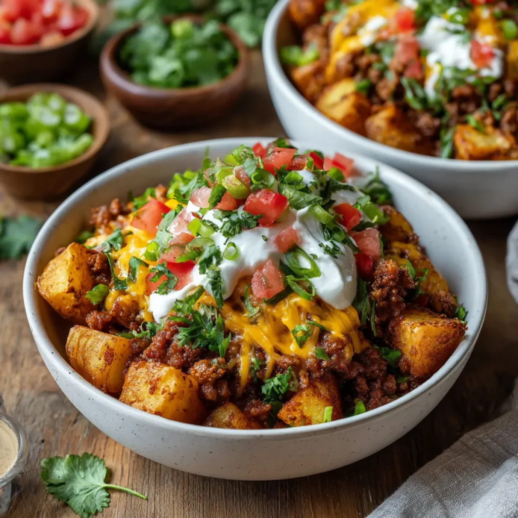 Ground beef potato taco bowls topped with cheese, sour cream, tomatoes, and herbs
