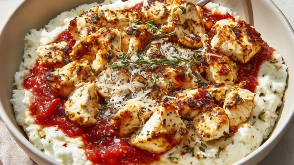 Low carb chicken parmesan cottage cheese bowl with seasoned chicken and tomato sauce