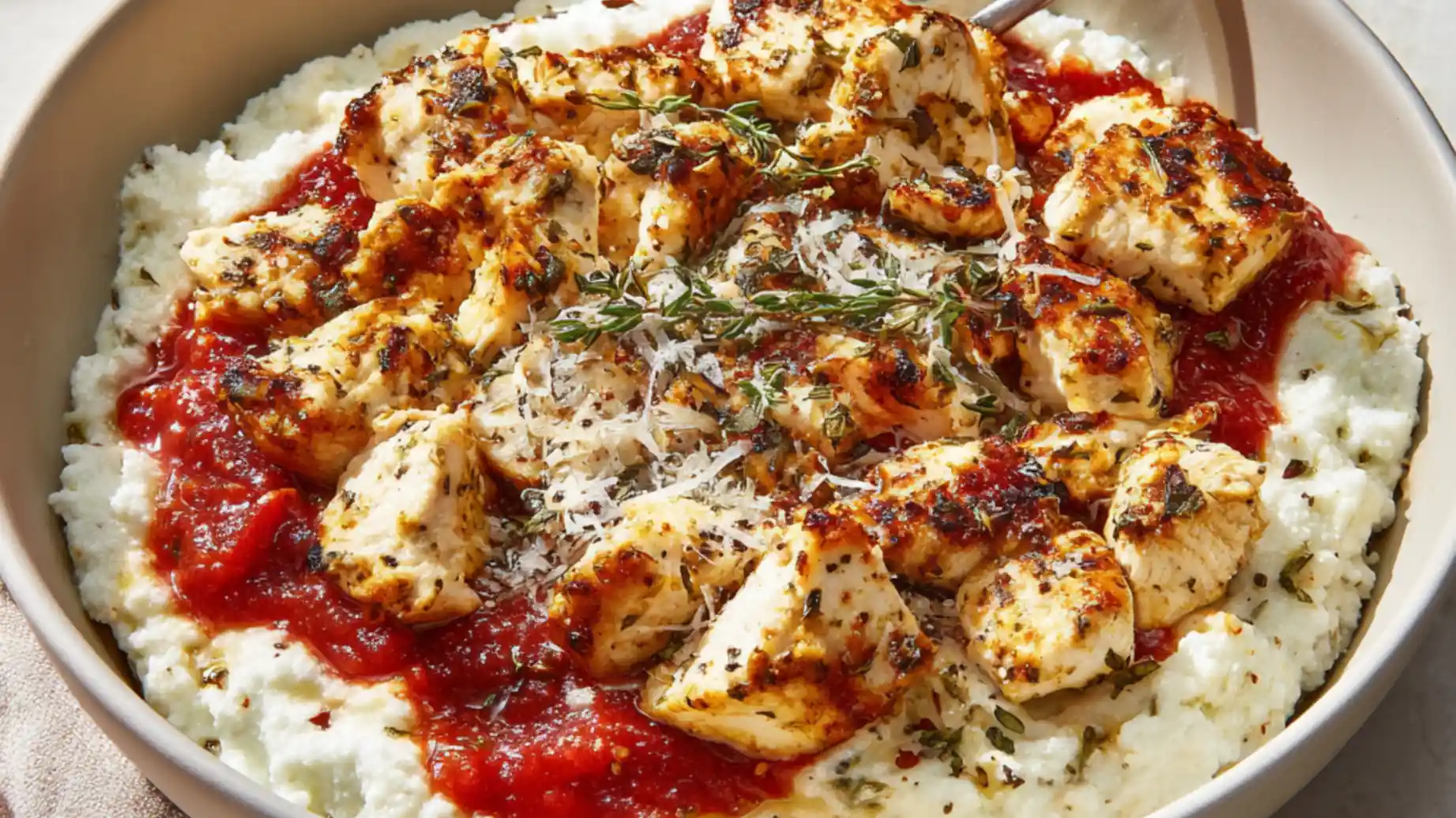 Low carb chicken parmesan cottage cheese bowl with seasoned chicken and tomato sauce