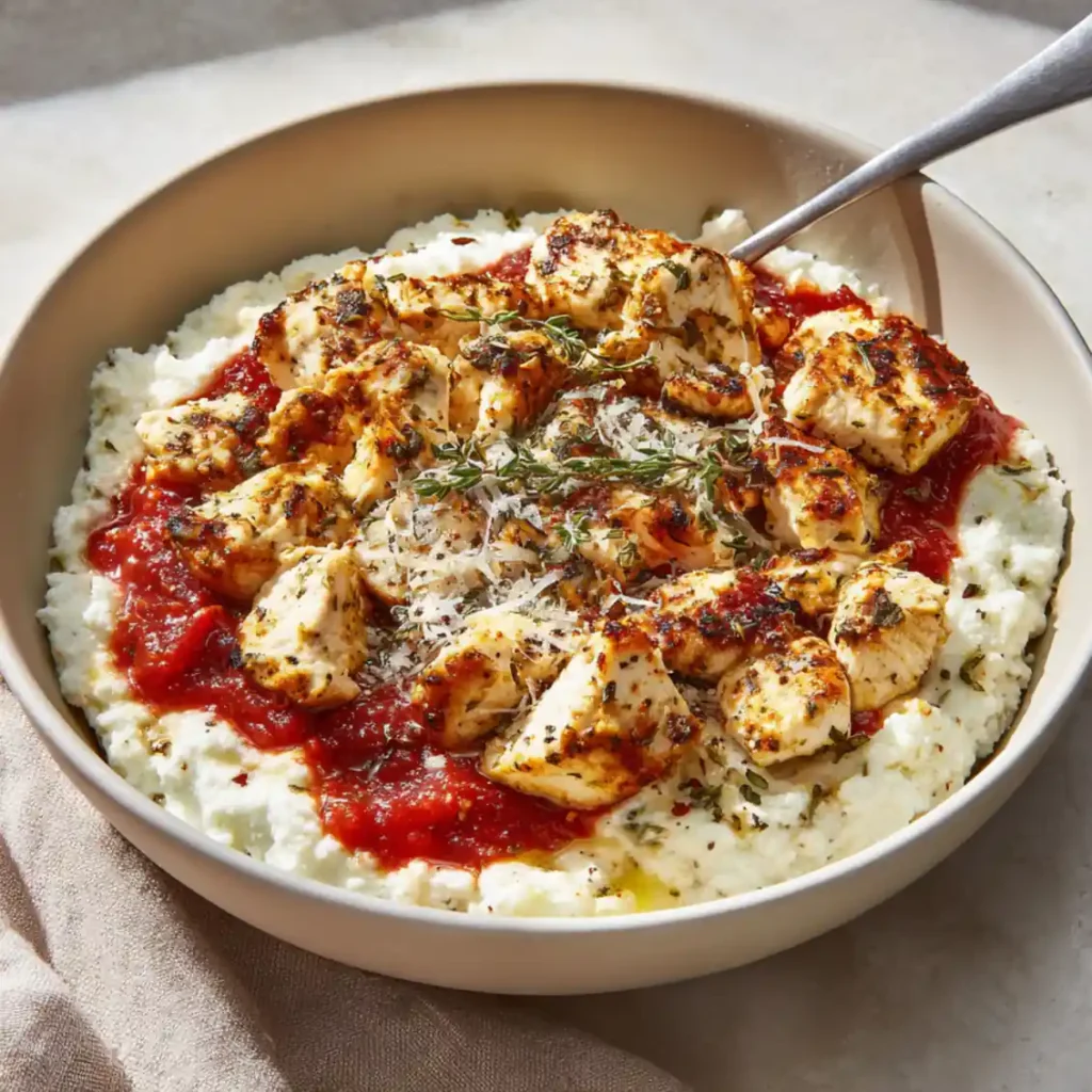 Chicken parmesan cottage cheese bowl with creamy base and tomato sauce