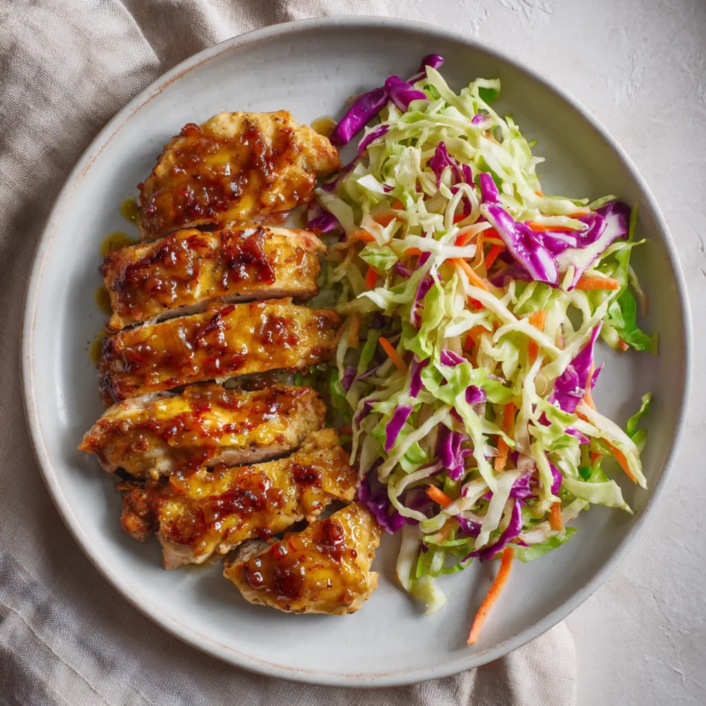Glazed chicken thighs with shredded cabbage slaw on a plate