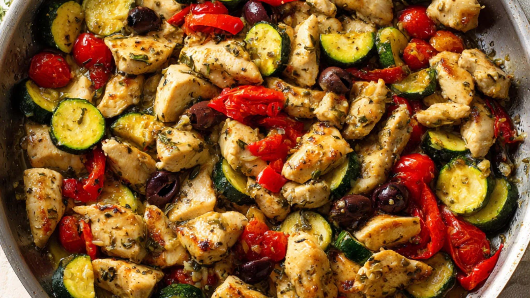 Low carb Mediterranean chicken cooked with zucchini, tomatoes, olives, and herbs