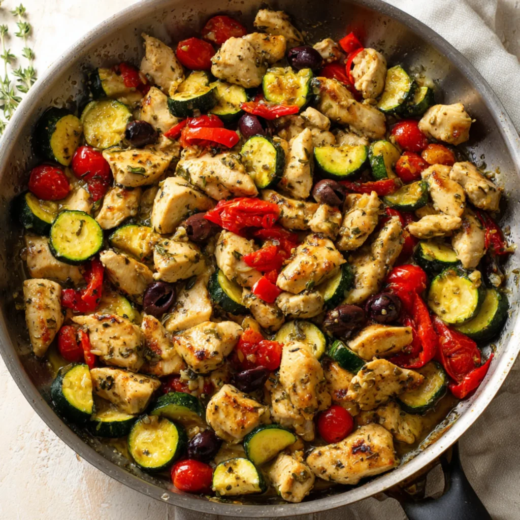 Mediterranean chicken pieces cooked with zucchini and tomatoes in olive oil