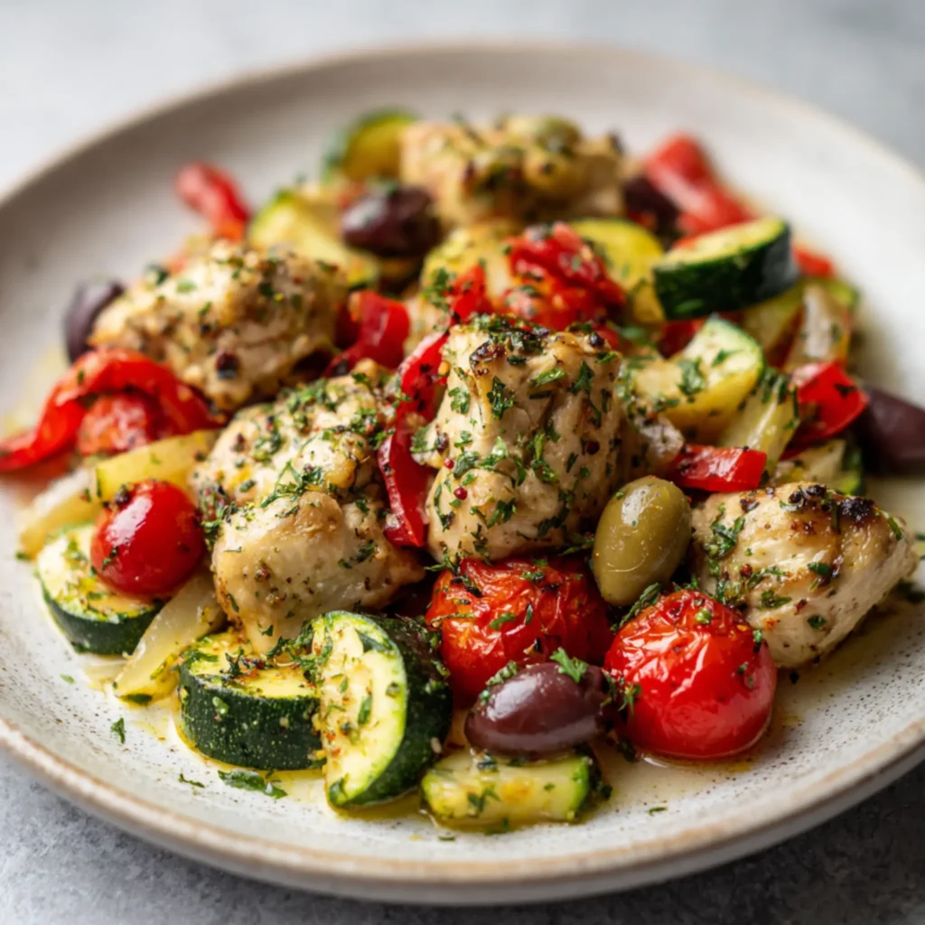 Mediterranean chicken served with zucchini, tomatoes, and olives