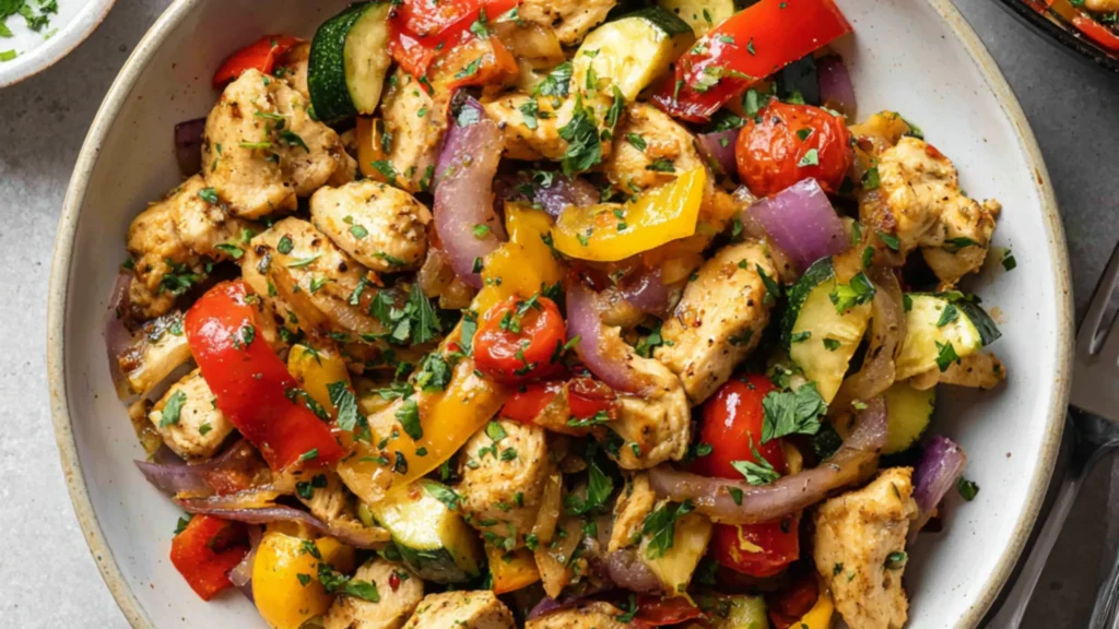 Chicken stir fry with zucchini and peppers in a bowl