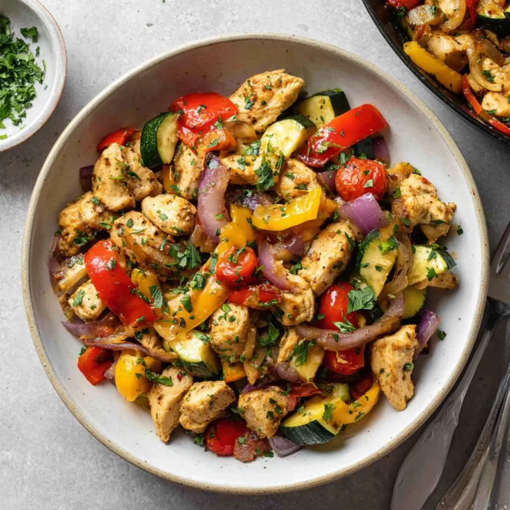 Chicken stir fry with zucchini and peppers in a bowl