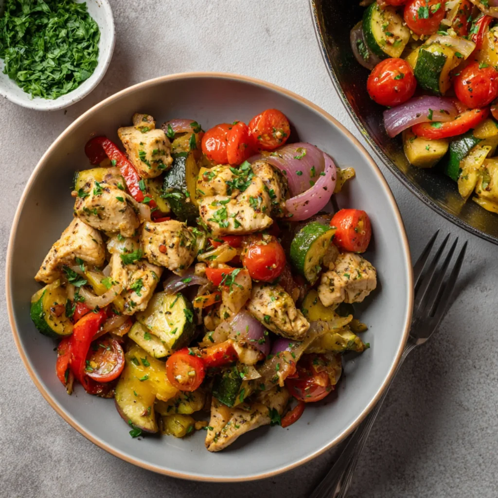 Mediterranean chicken and vegetable stir fry served in a bowl