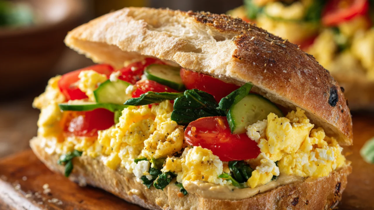 Mediterranean breakfast sandwich with scrambled eggs, cucumber, cherry tomatoes and spinach on toasted artisan bread