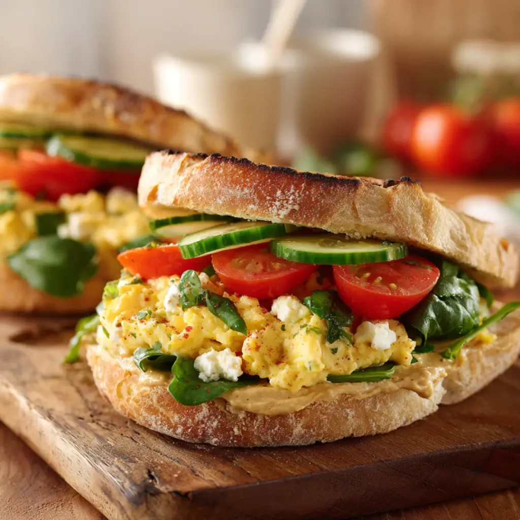 Scrambled egg breakfast sandwich with tomatoes and cucumber on crusty bread