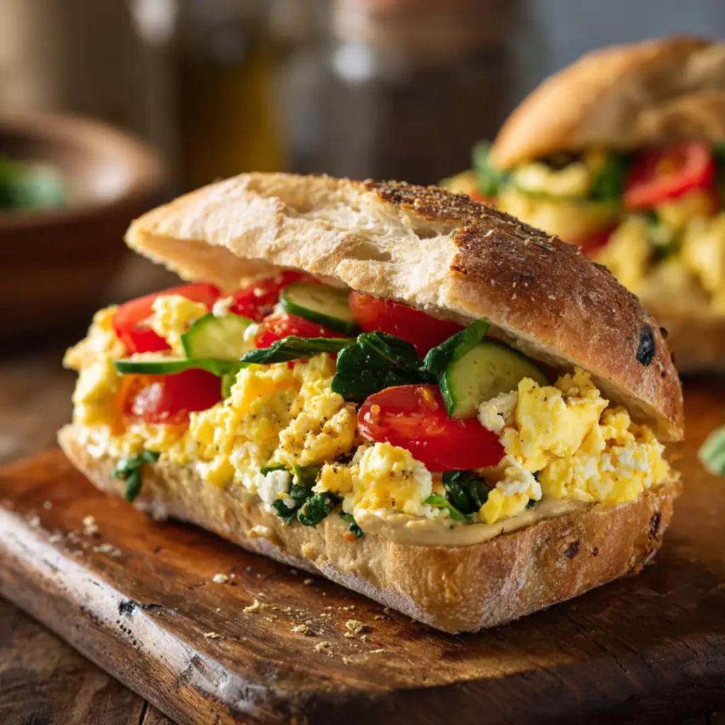 Rustic breakfast sandwich with scrambled eggs, spinach and tomatoes on toasted bread